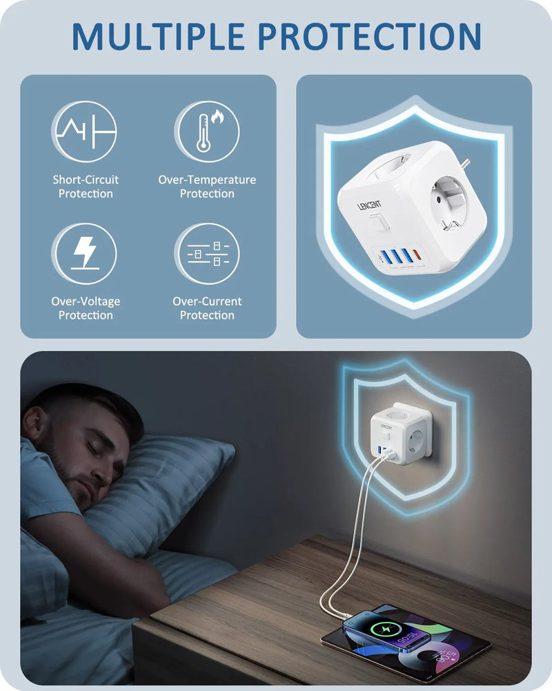 Multi Adaptador de Tomadas Lencent 7 em 1 Antichamas até 750ºC